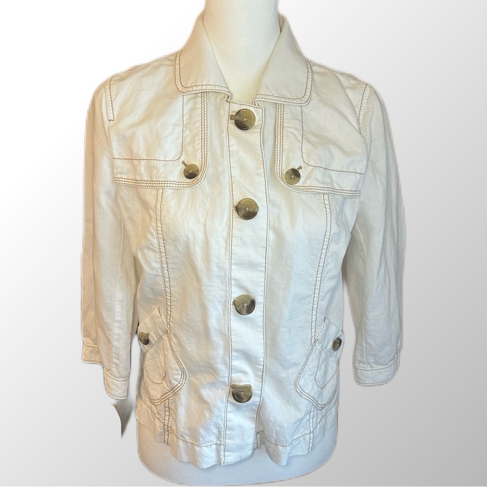 LOFT Safari Jacket Size MP Cream Linen Blend Button Front and Button Details - Picture 1 of 8